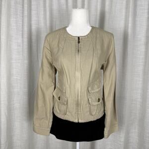 Chico's Jacket Womens 2 Beige Collarless Zip Front Utility Pockets Canvas